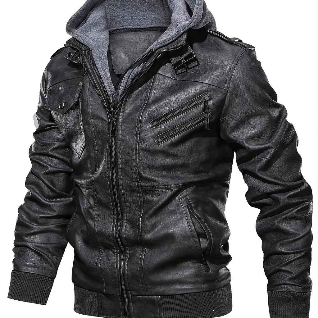 Black Faux Leather Zip Jacket with Hood