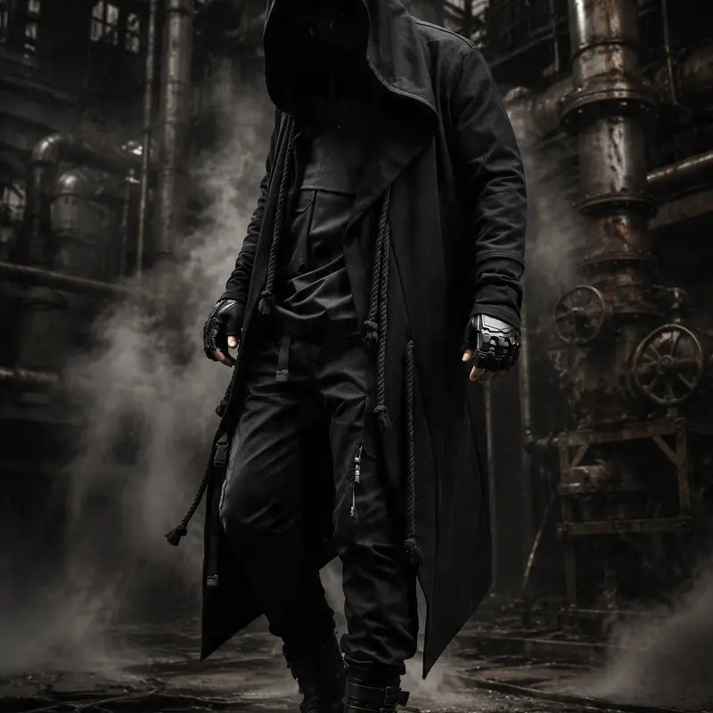 Long Black Hooded Open-Front Cloak Coat