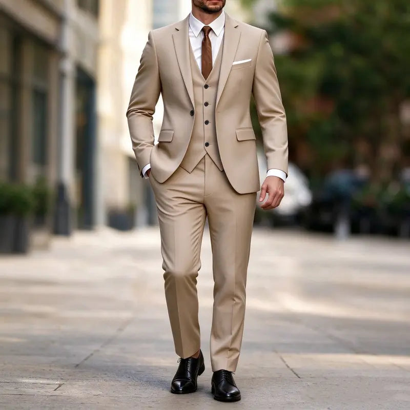 Tan Three-Piece Suit with Vest and Trousers