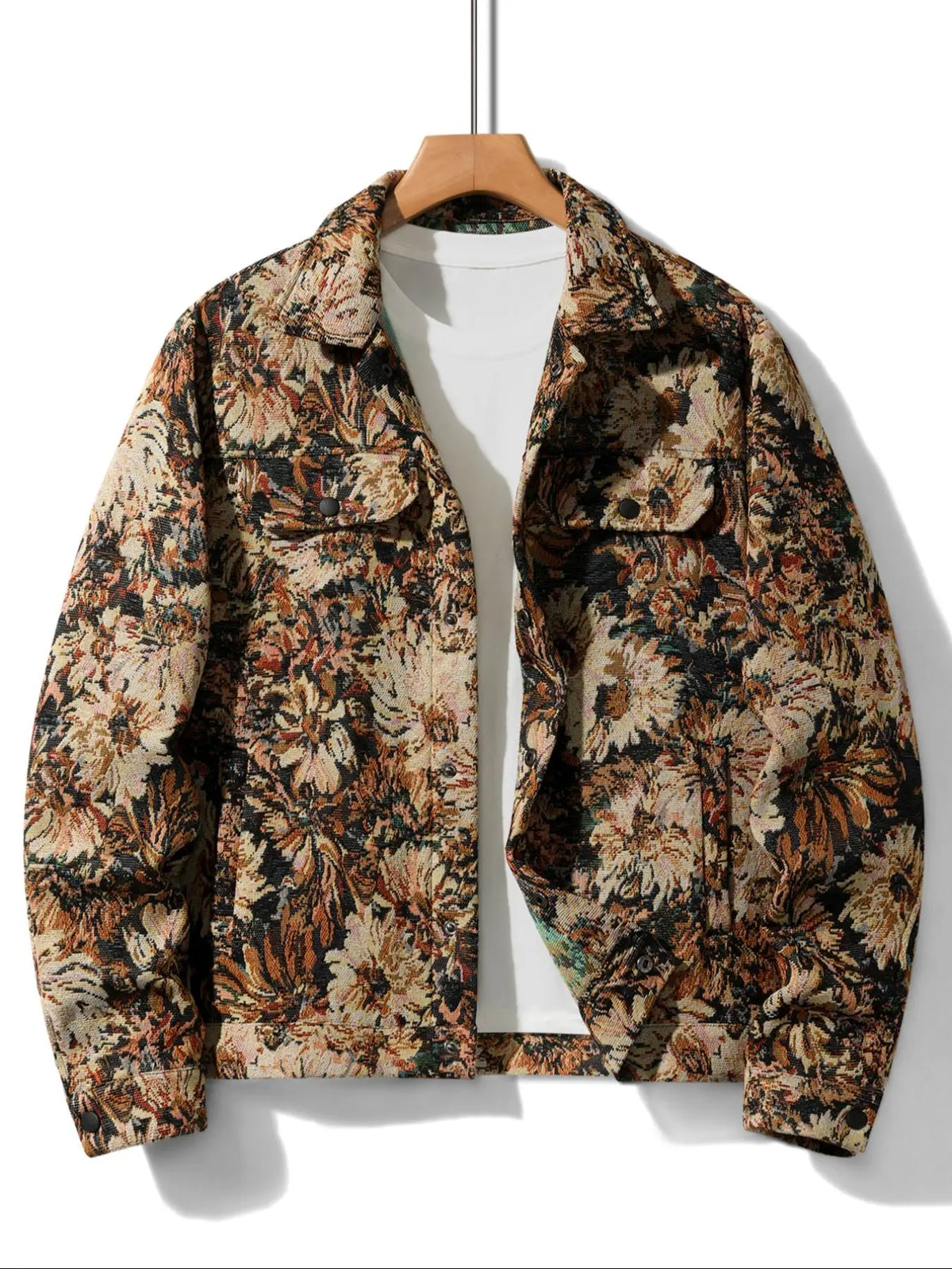 Men's Floral Jacquard Button-Front Jacket in Brown Tones