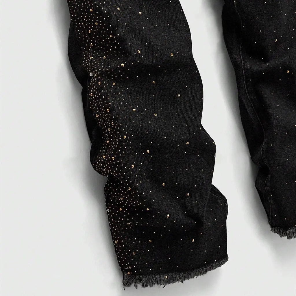 Faded Black Straight Jeans with Glitter Accents
