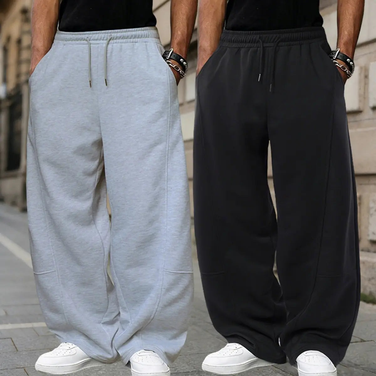 Gray and Black Drawstring Wide Leg Sweatpants