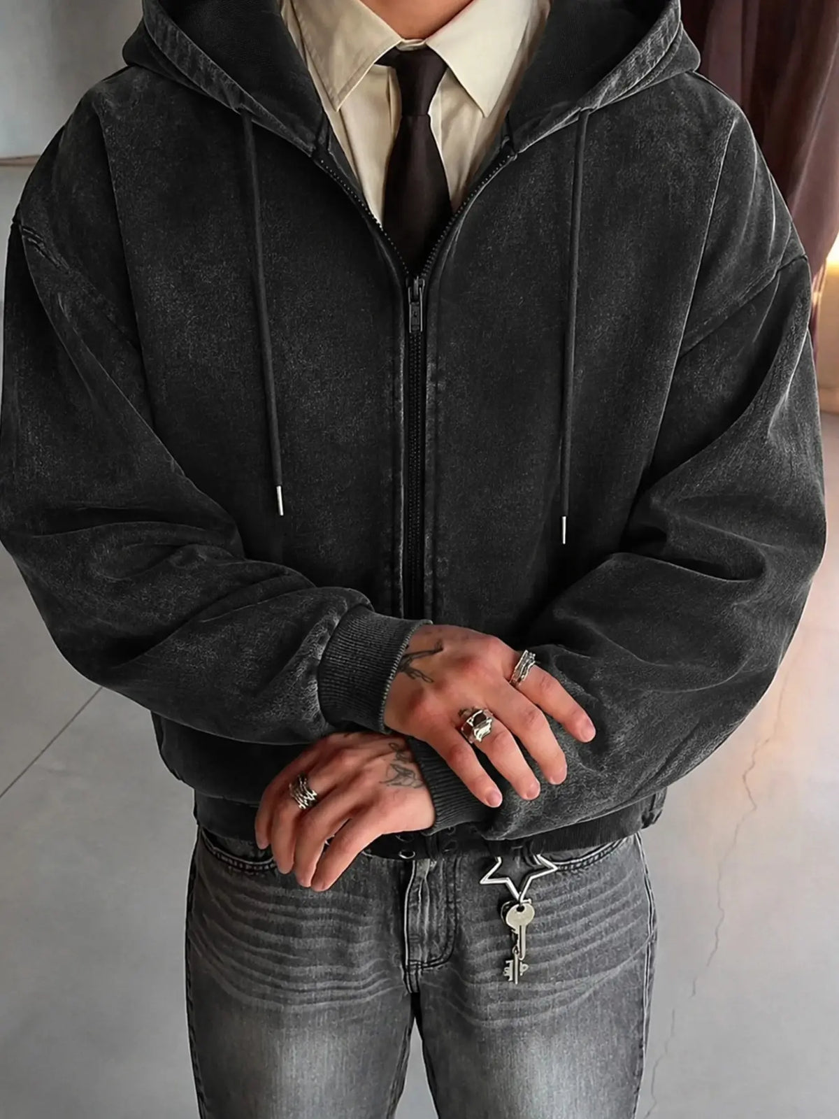 Washed Charcoal Zip-Up Hooded Sweatshirt