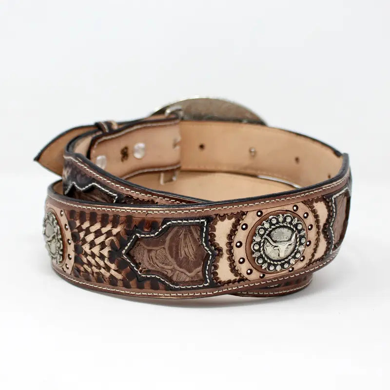 Tooled Brown Leather Belt with Silver Buckle