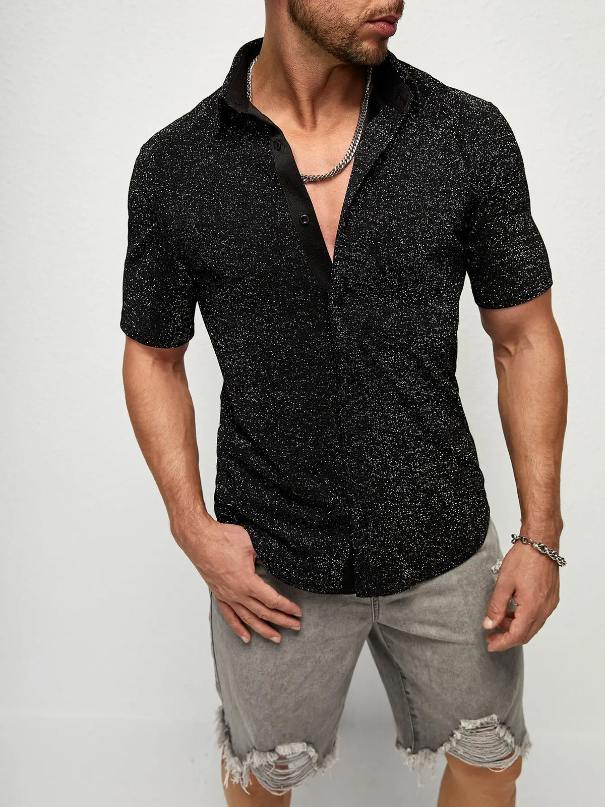 Men's Black Sparkle Short Sleeve Button Shirt