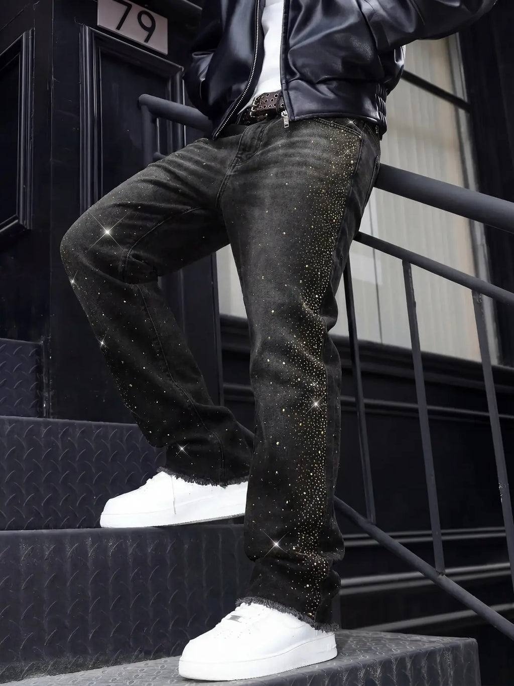 Faded Black Straight Jeans with Glitter Accents