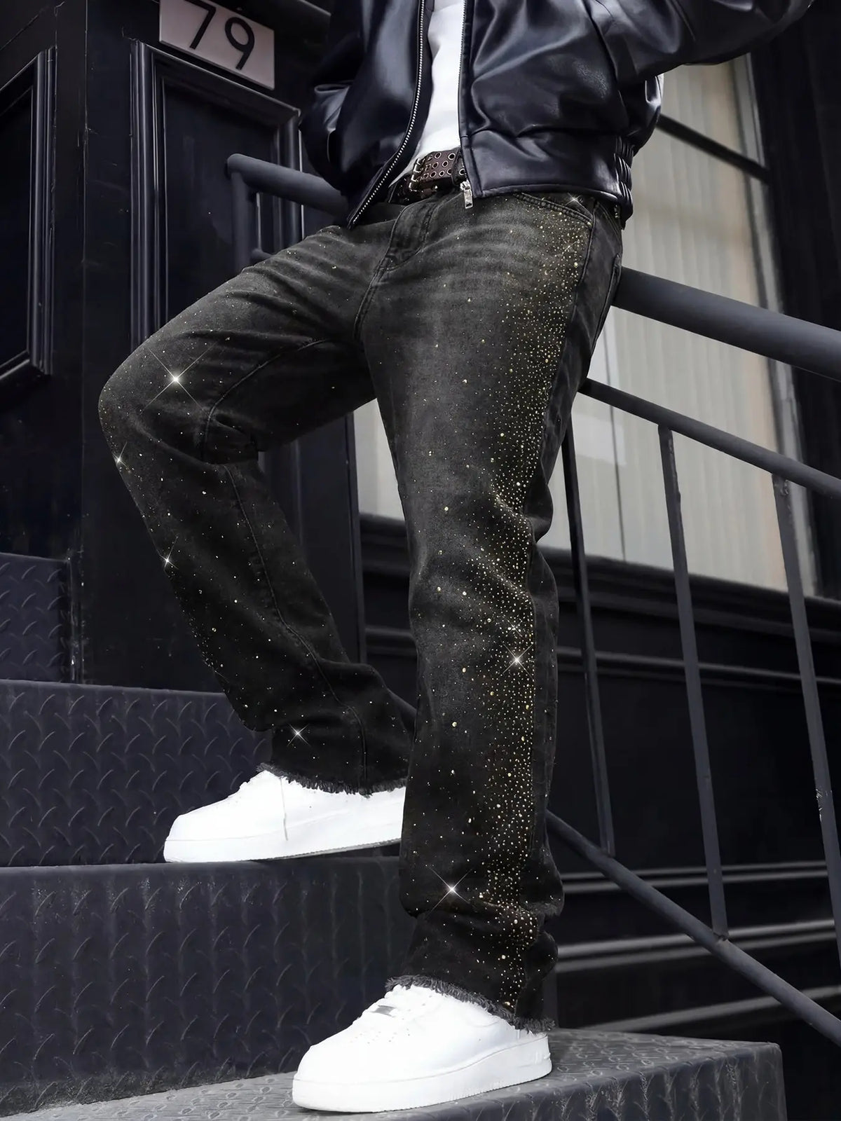 Faded Black Straight Jeans with Glitter Accents