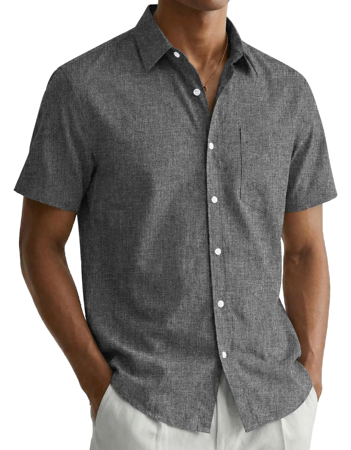 Gray Short-Sleeve Button-Up Shirt with Chest Pocket