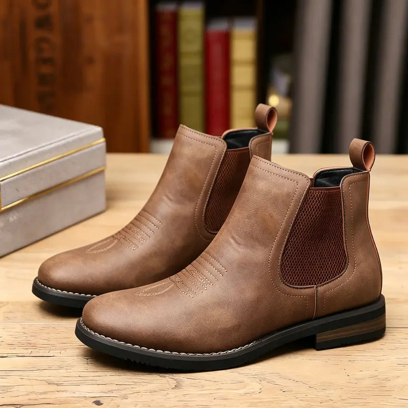 Brown Leather-Look Square Toe Ankle Boot