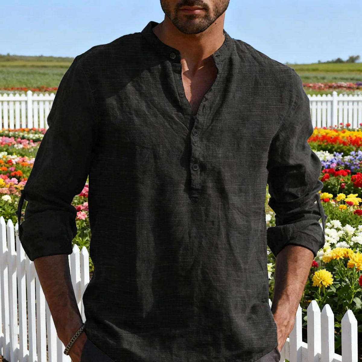 Black Linen-Look Henley Shirt with Rolled Sleeves