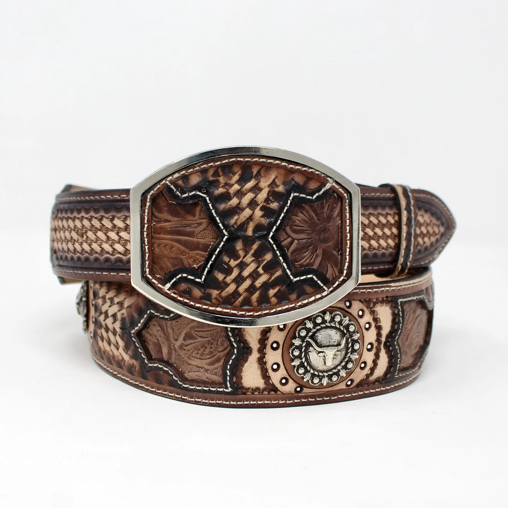 Tooled Brown Leather Belt with Silver Buckle