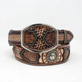 Tooled Brown Leather Belt with Silver Buckle