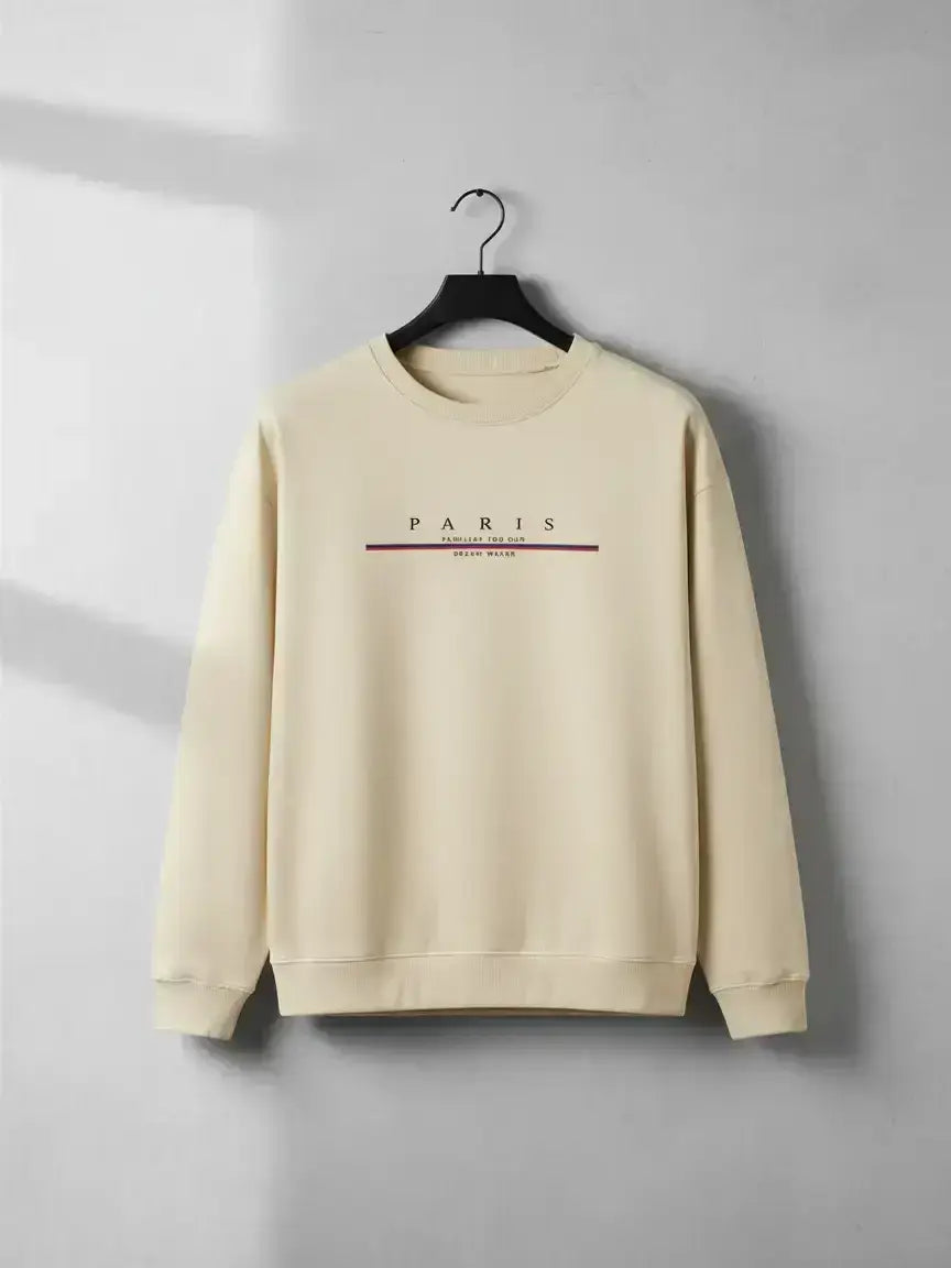 Cream Crew Neck Pullover Sweatshirt with Chest Print