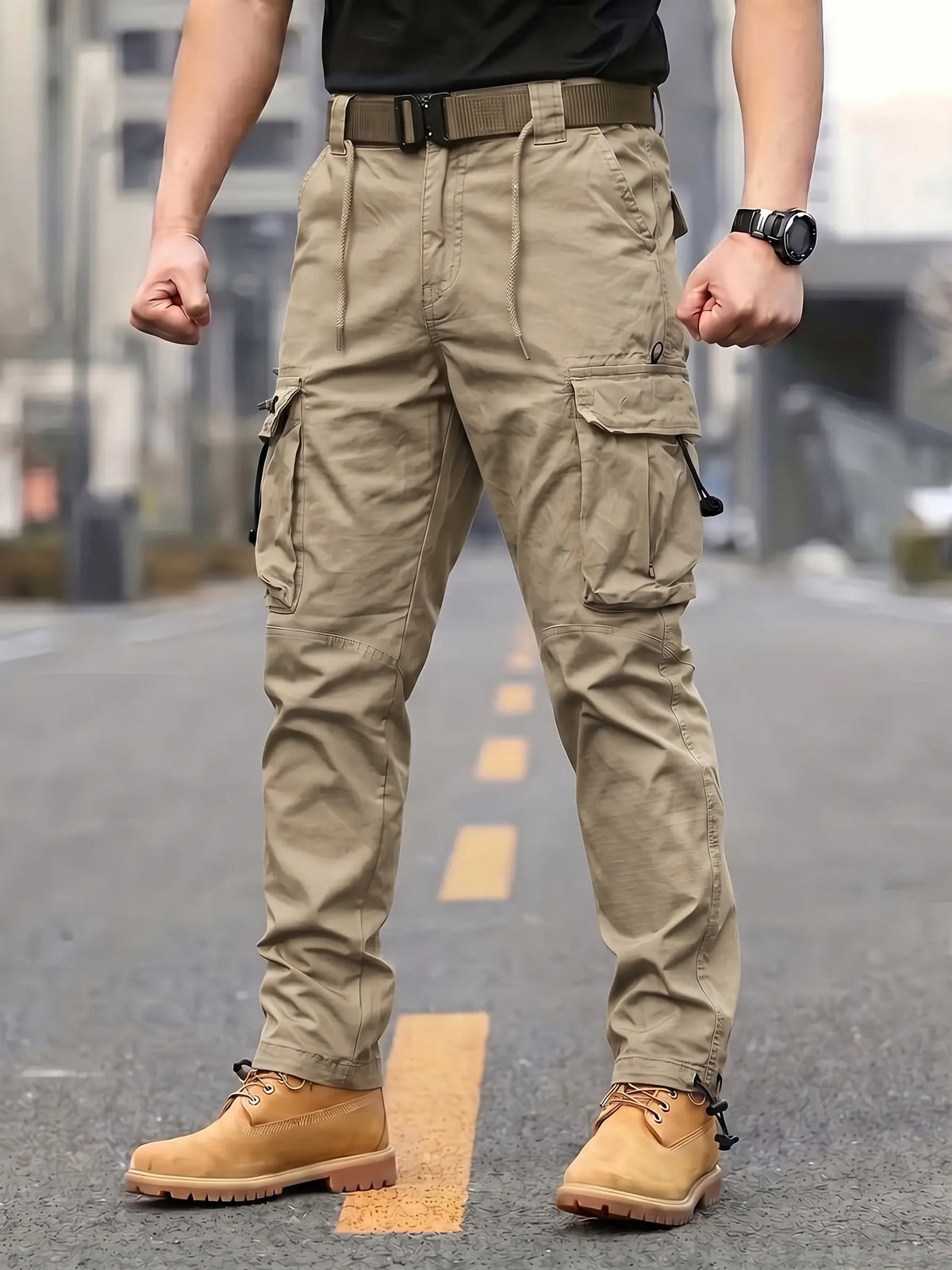 Khaki Cotton Cargo Pants with Side Pockets