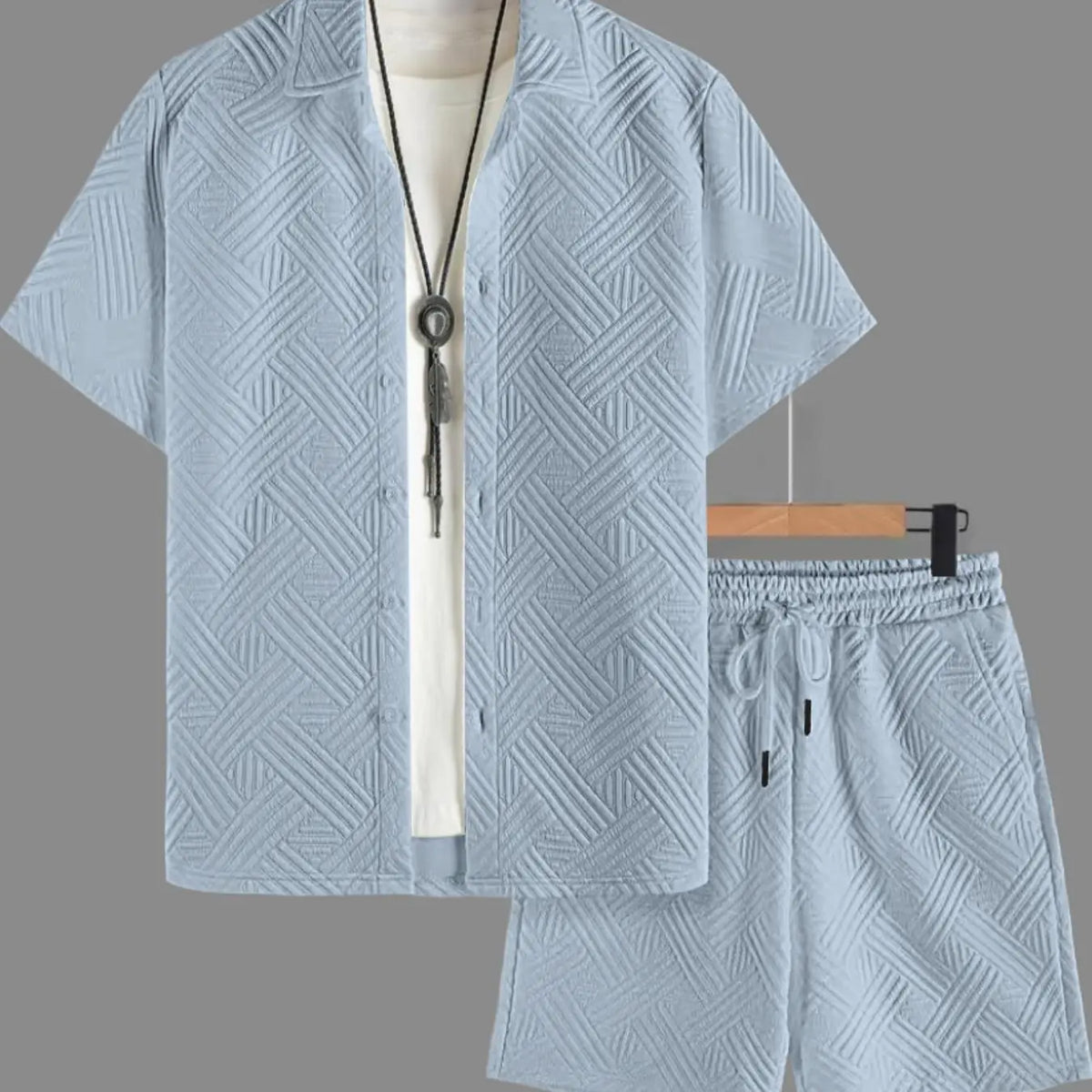 Men's Burgundy Textured Shirt and Shorts Set