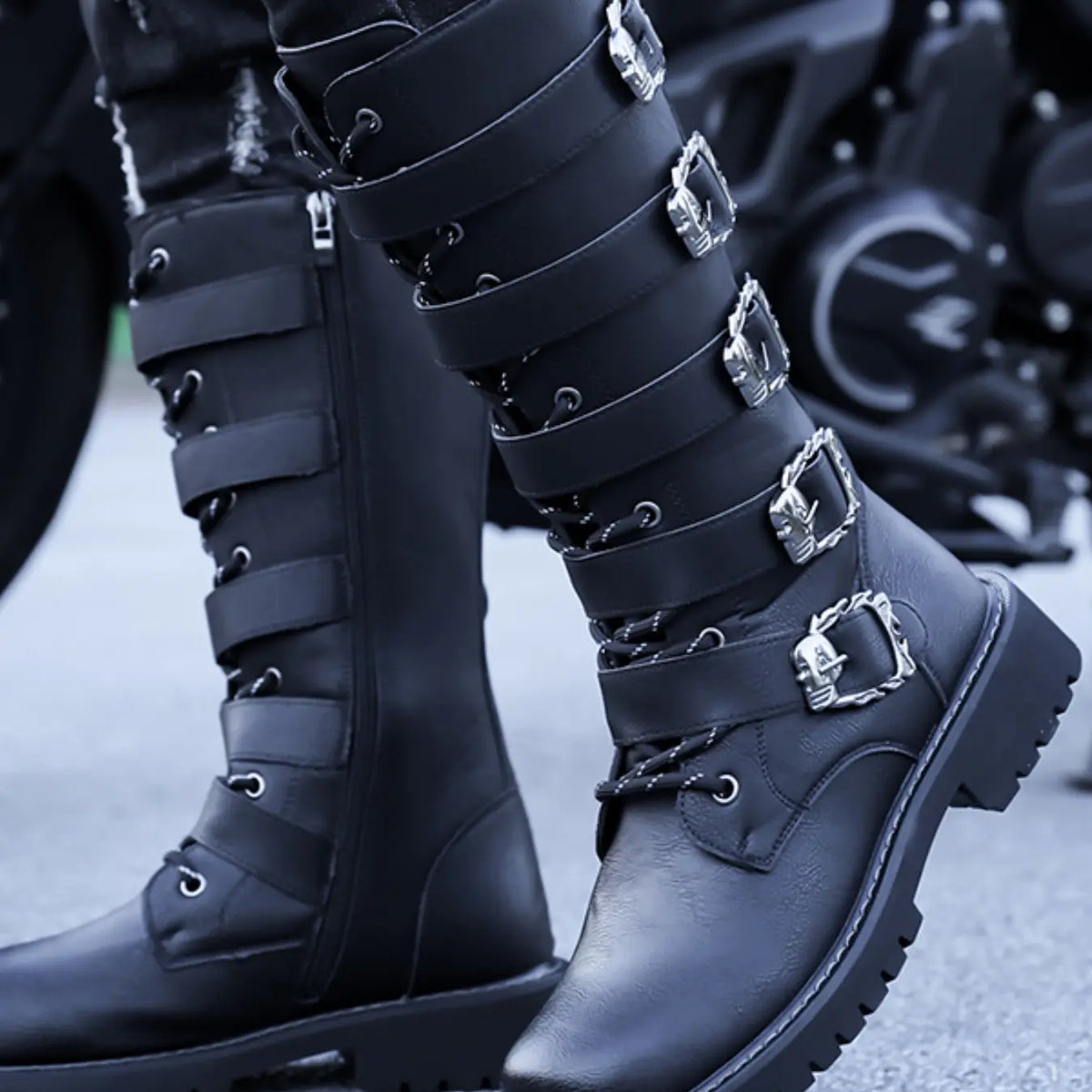 Black Faux Leather Mid-Calf Boots with Buckle Straps
