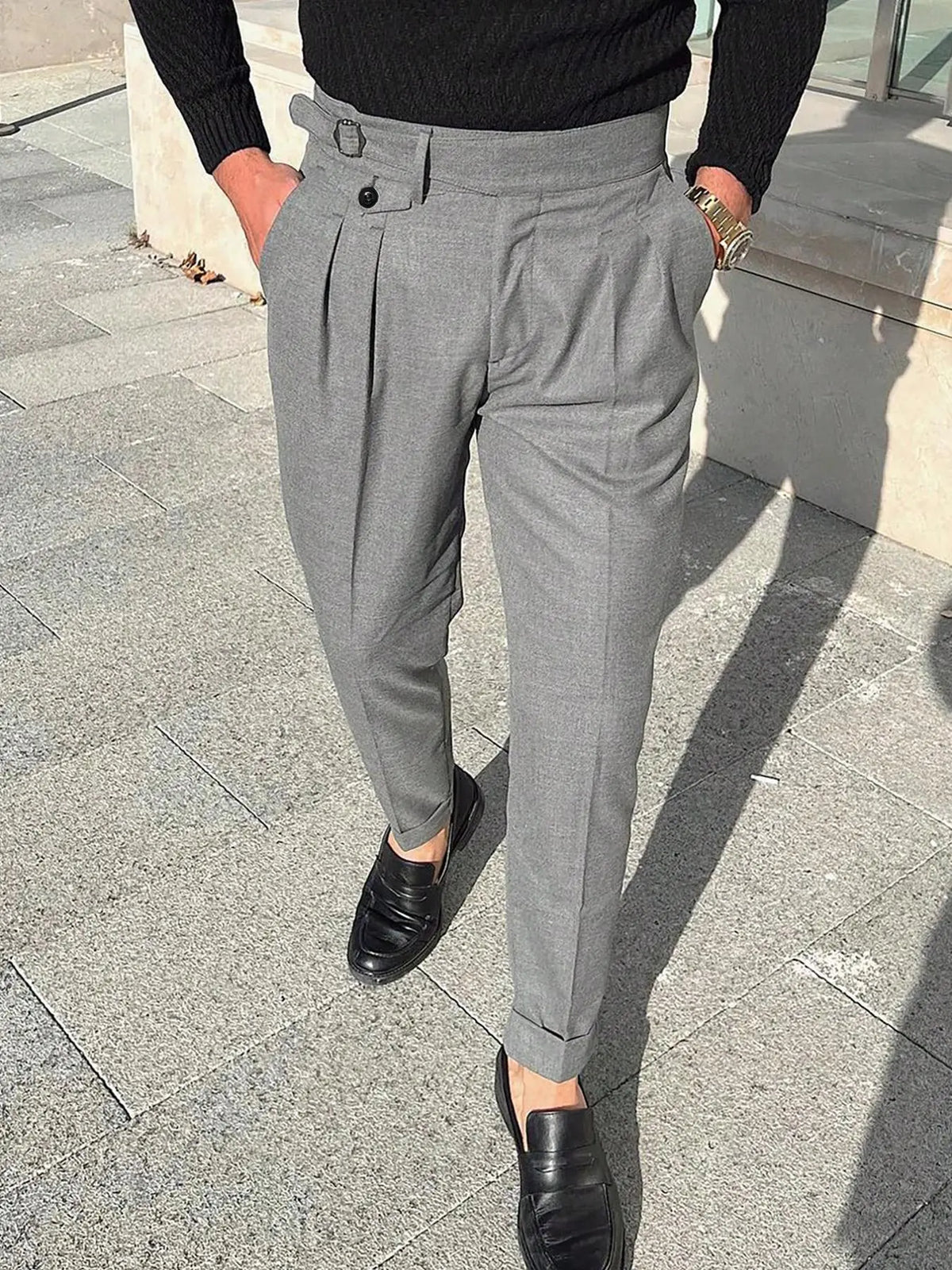 Gray Pleated High-Waist Tapered Dress Pants