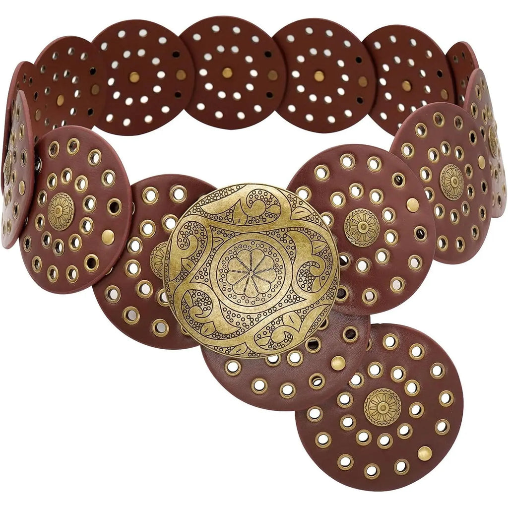 Brown Round Disc Belt with Brass Buckle
