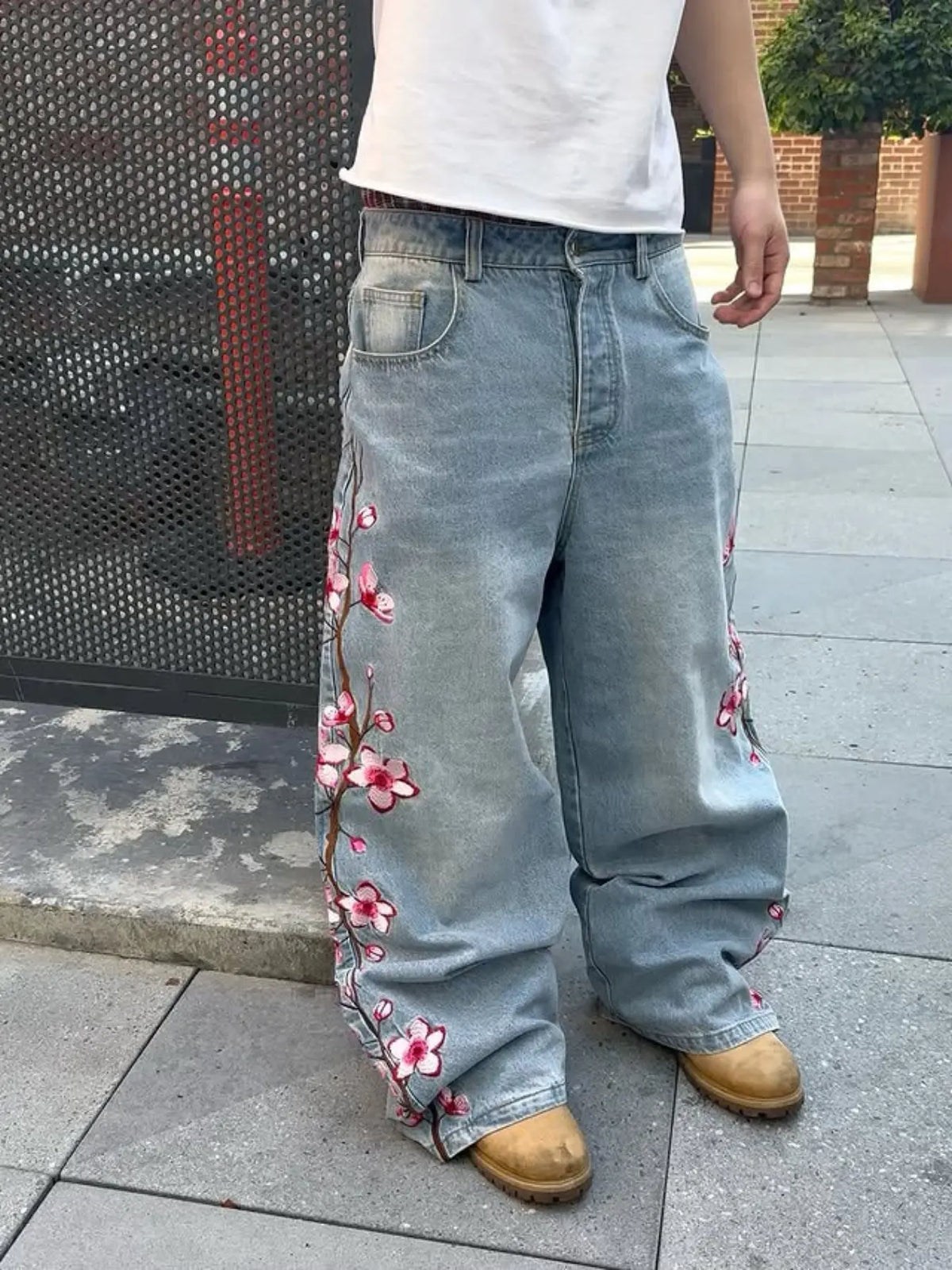 Light Blue Baggy Jeans with Cherry Blossom Embroidery