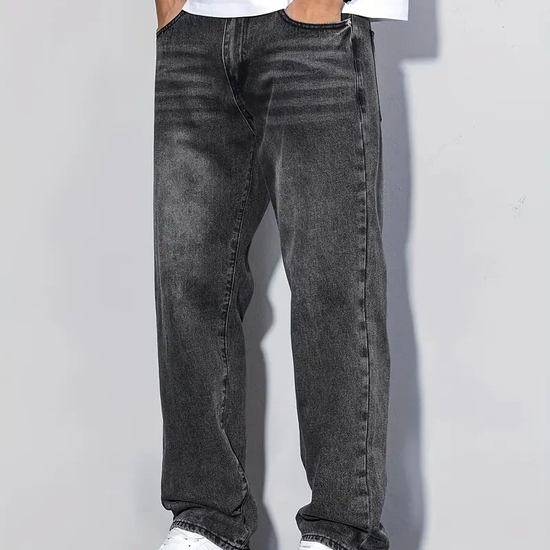 Faded Grey Straight-Leg Denim Jeans