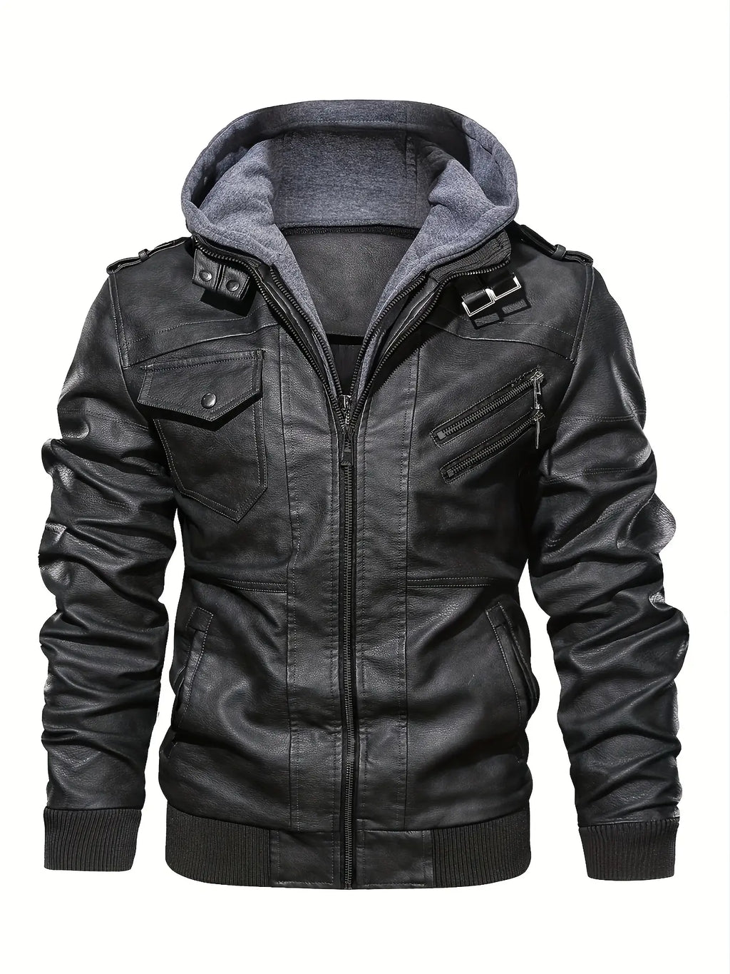 Black Faux Leather Zip Jacket with Hood