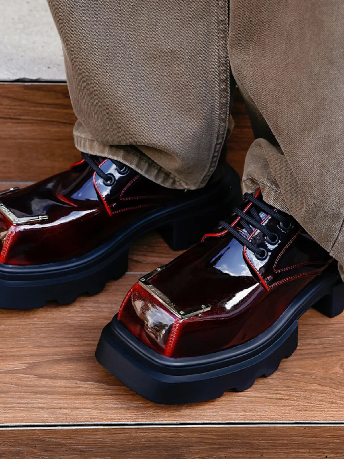 Glossy Burgundy Lace-Up Derby Shoes with Metal Toe Plates