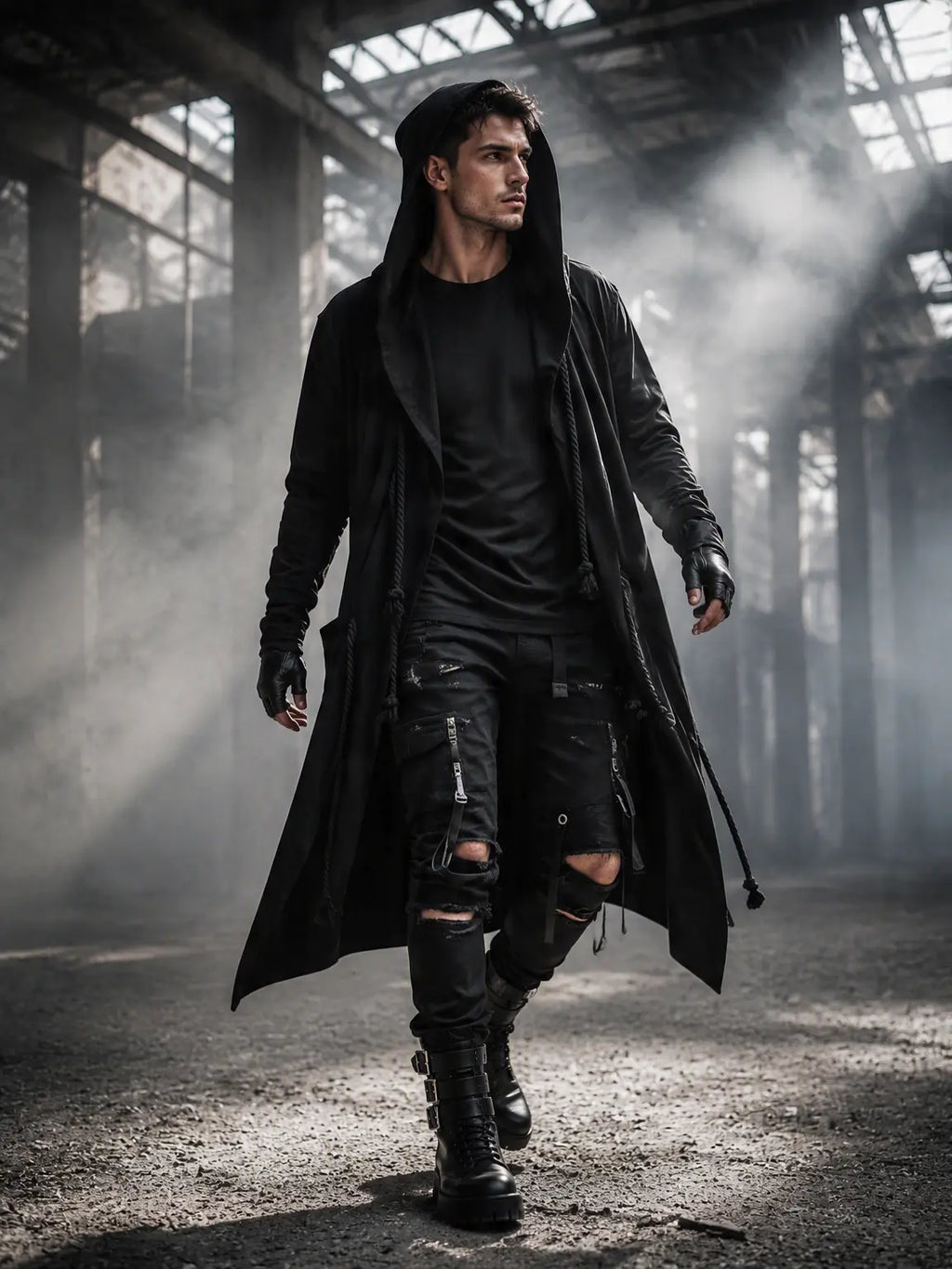 Long Black Hooded Open-Front Cloak Coat