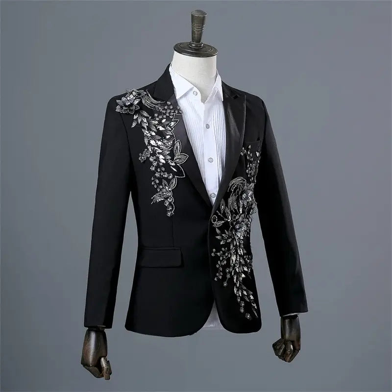 Black Two-Piece Suit with Beaded Floral Appliqué