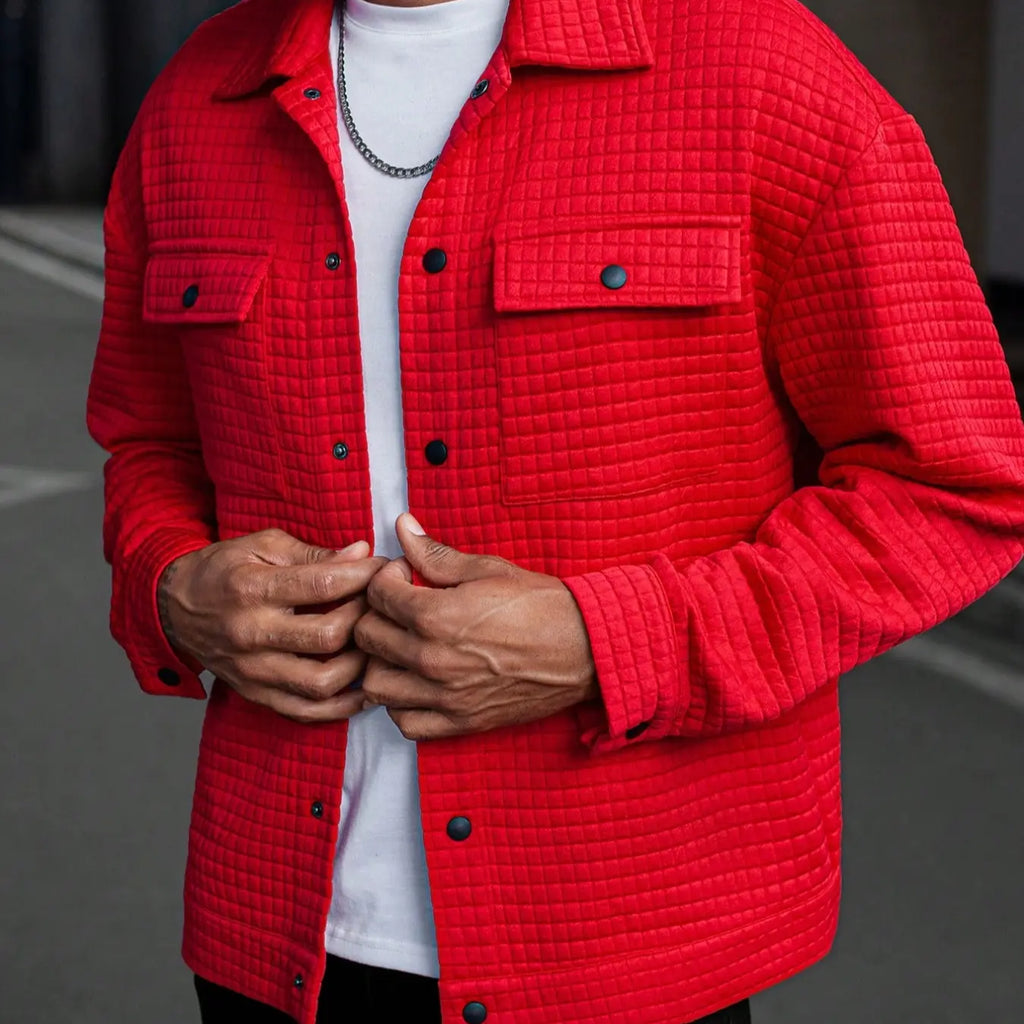Red Waffle Textured Button Front Shirt Jacket