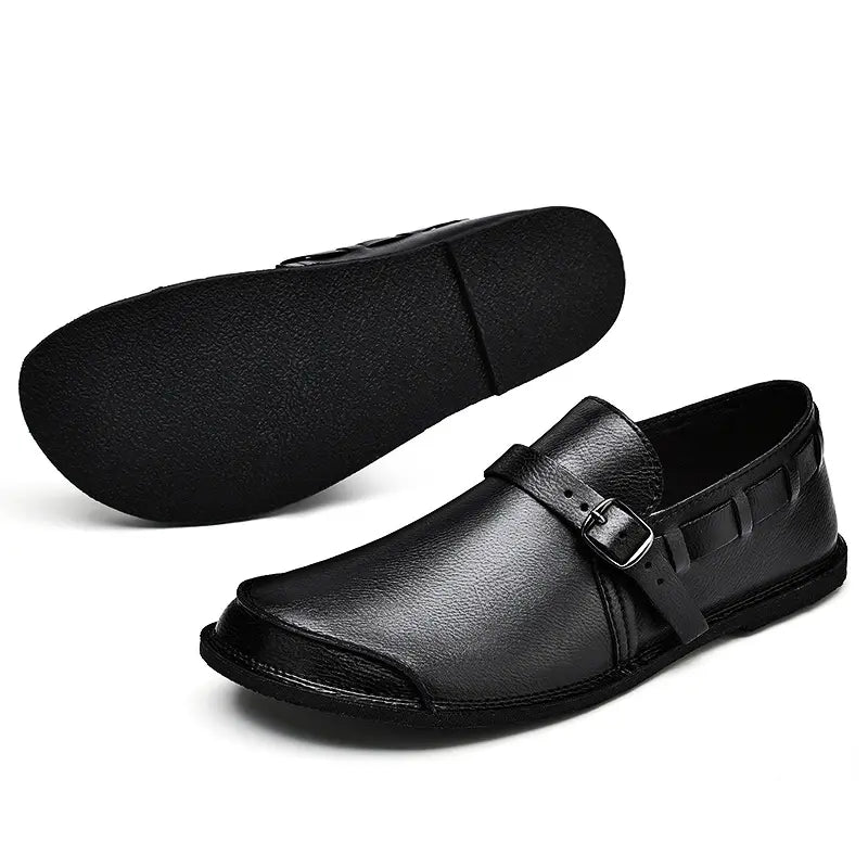 Brown Leather Slip-On Loafers with Side Buckle