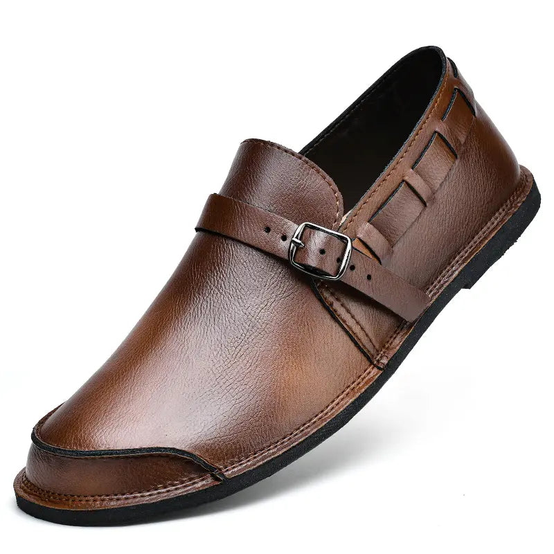 Brown Leather Slip-On Loafers with Side Buckle