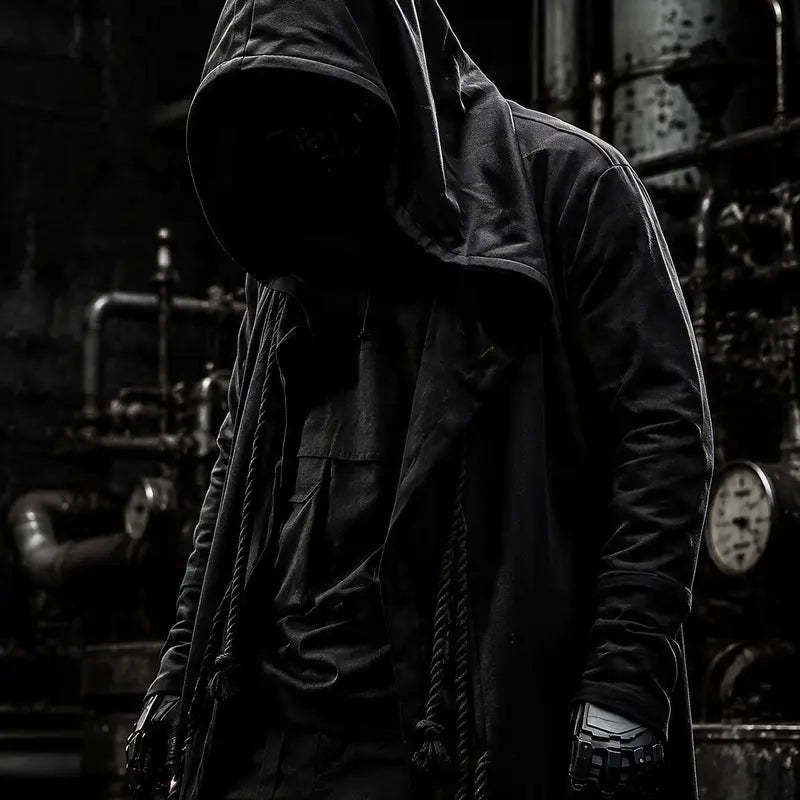 Long Black Hooded Open-Front Cloak Coat