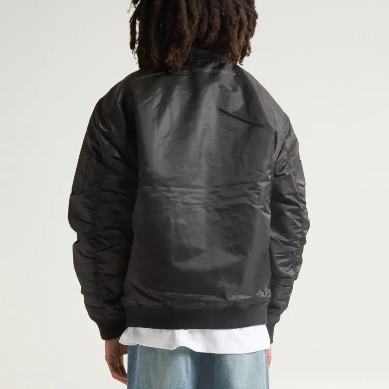 Black Nylon Zip Front Bomber Jacket