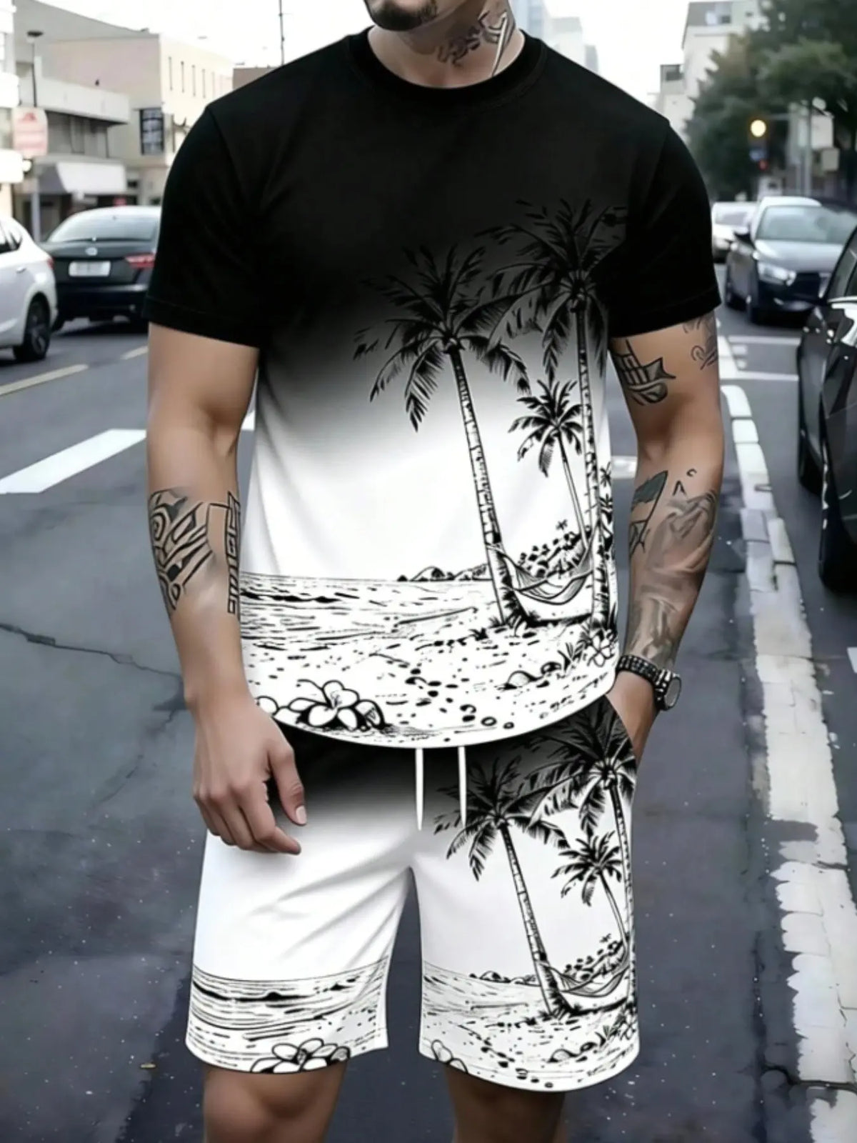 Men's Palm Tree Print T-Shirt and Shorts Set