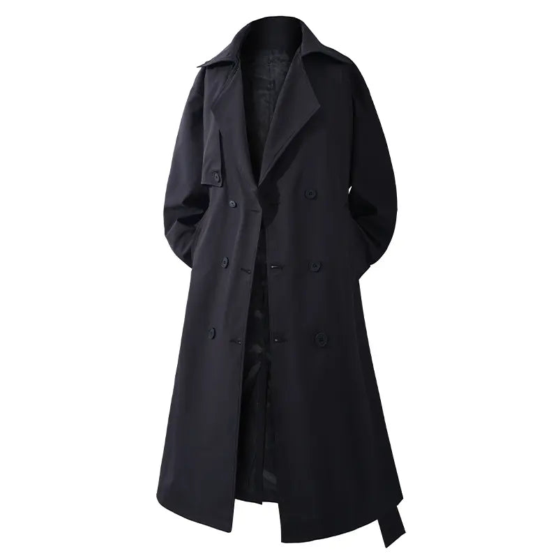 Long Black Double-Breasted Trench Coat