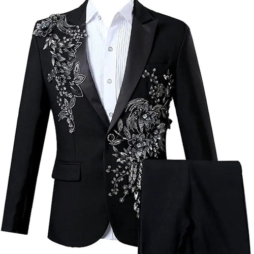 Black Two-Piece Suit with Beaded Floral Appliqué
