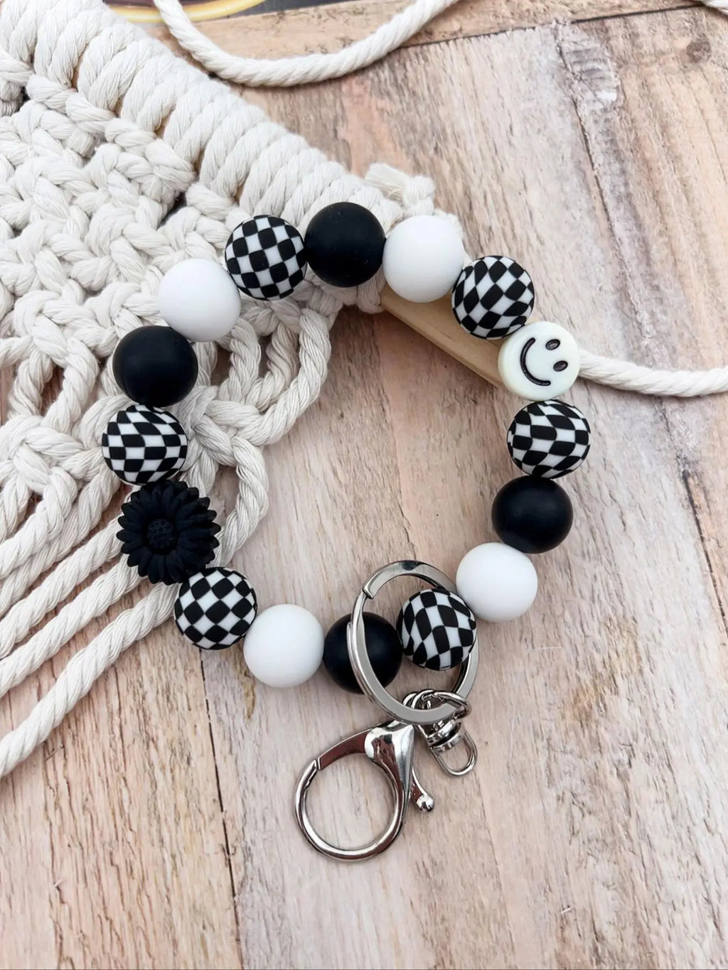 Black and White Beaded Wristlet Keychain