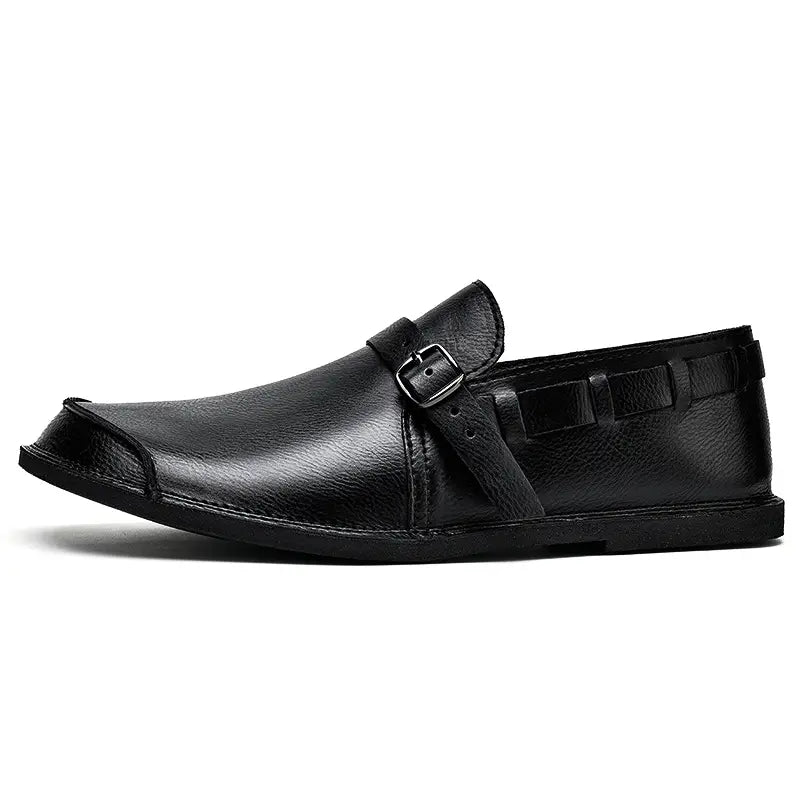 Brown Leather Slip-On Loafers with Side Buckle