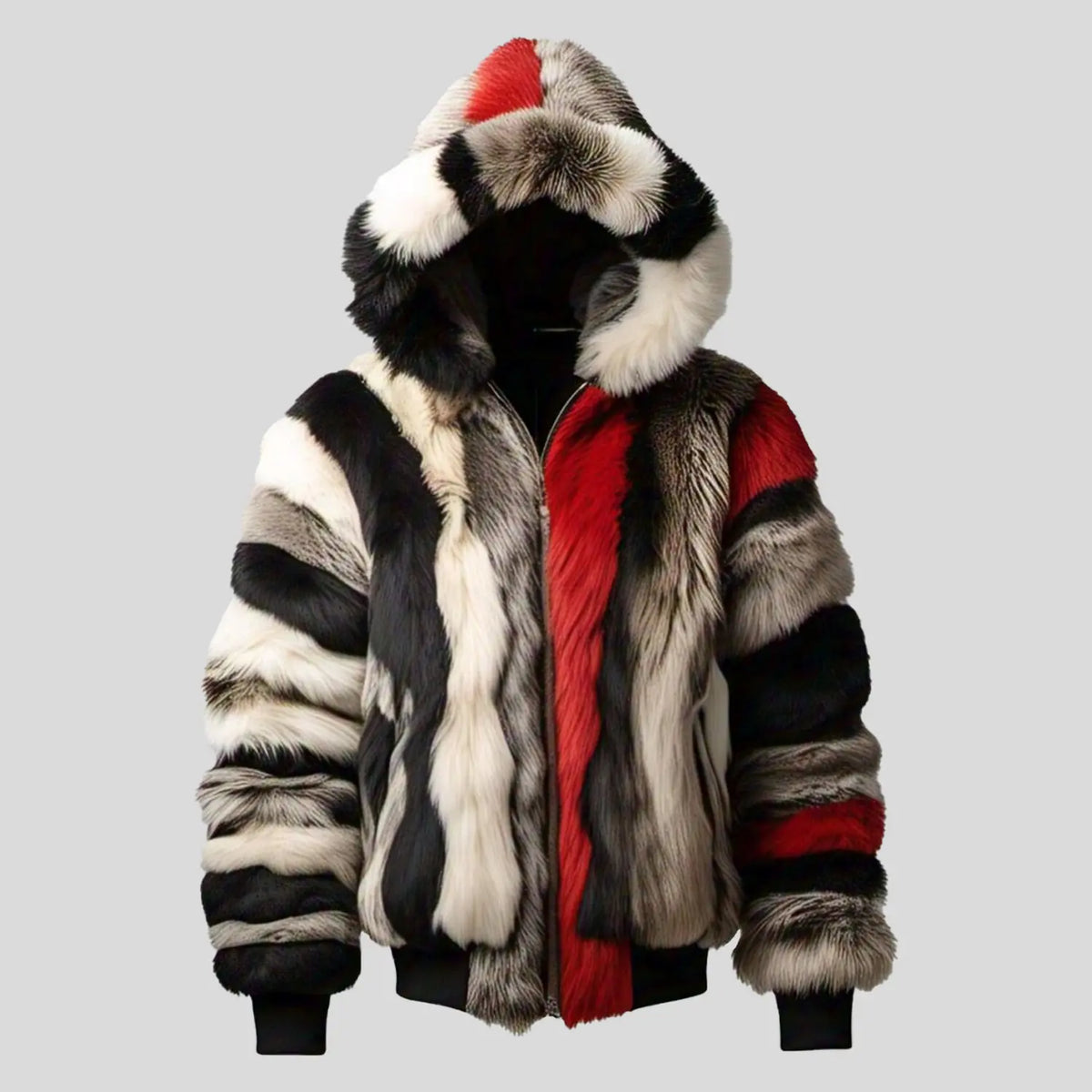 Hooded Faux Fur Jacket in Red, Black and Cream