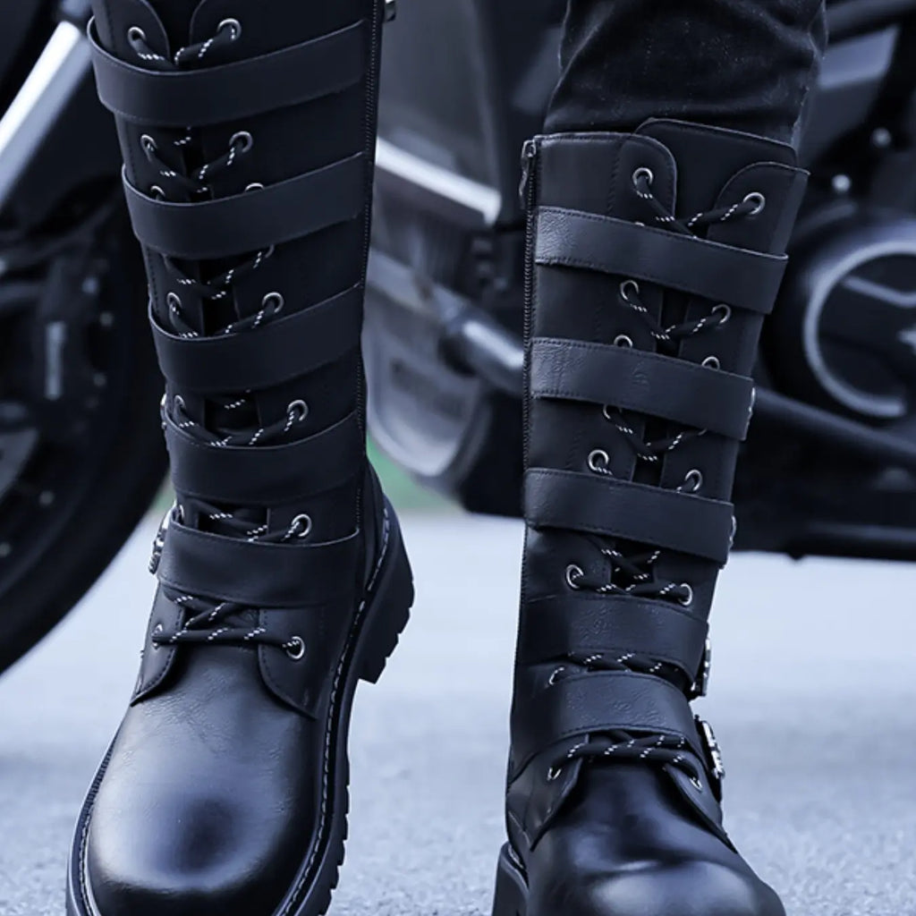 Black Faux Leather Mid-Calf Boots with Buckle Straps
