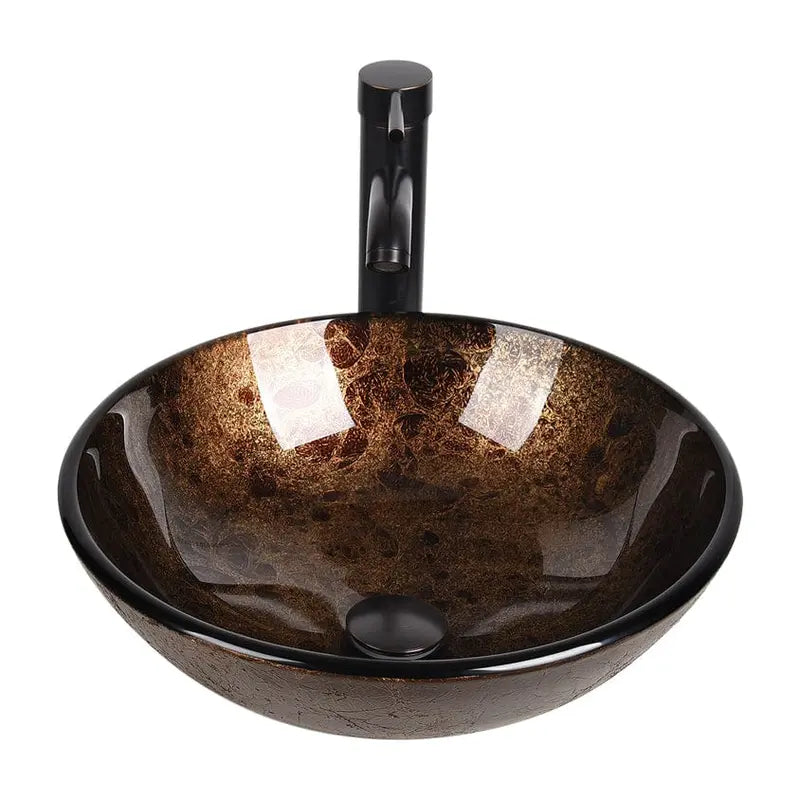 Round Brown Glass Vessel Sink with Faucet