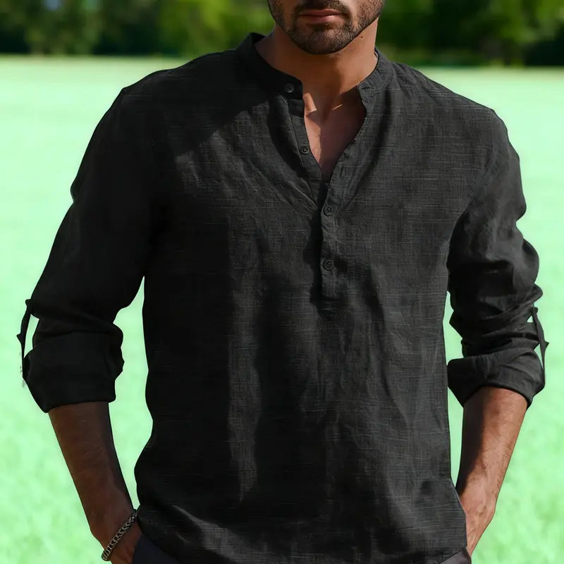 Black Linen-Look Henley Shirt with Rolled Sleeves