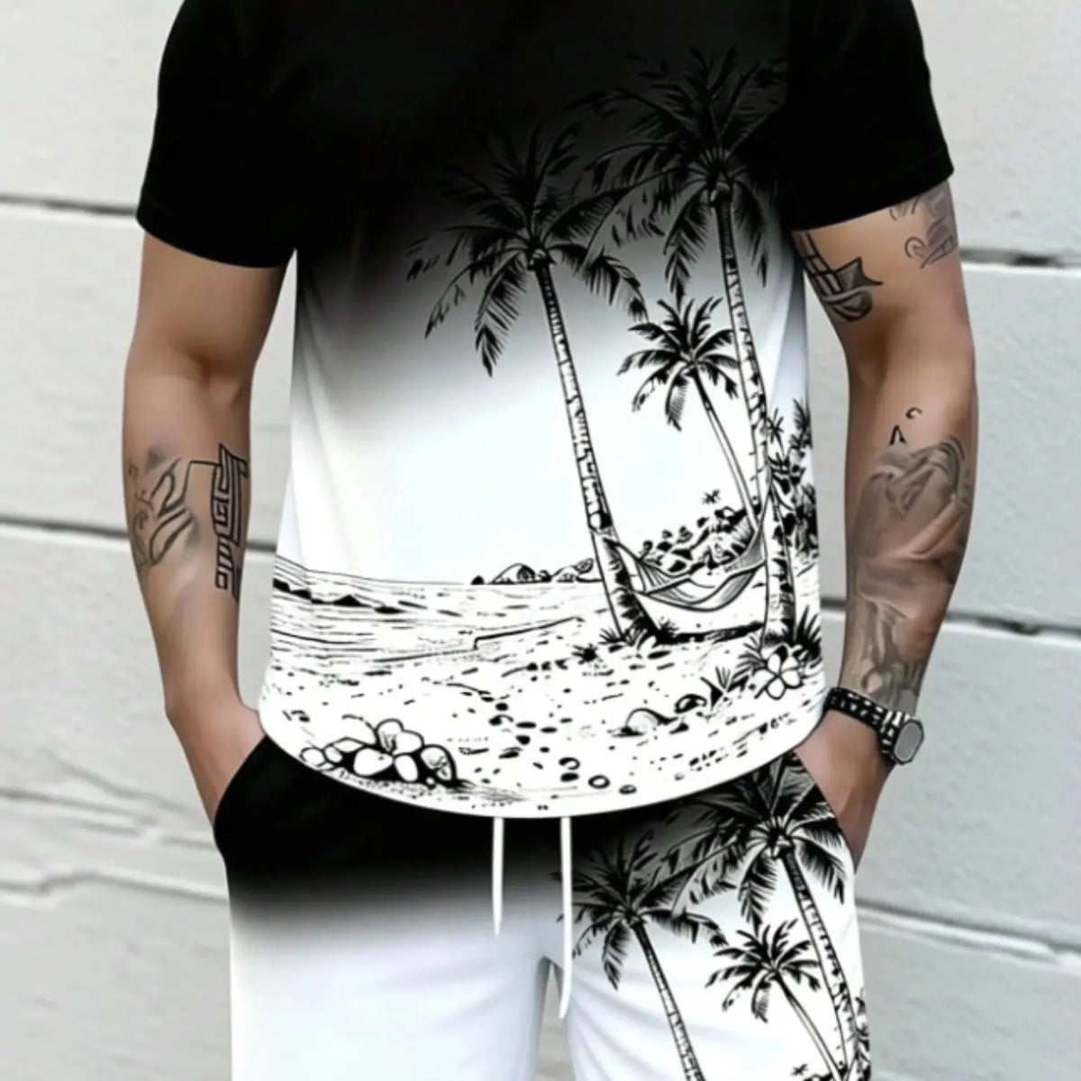 Men's Palm Tree Print T-Shirt and Shorts Set