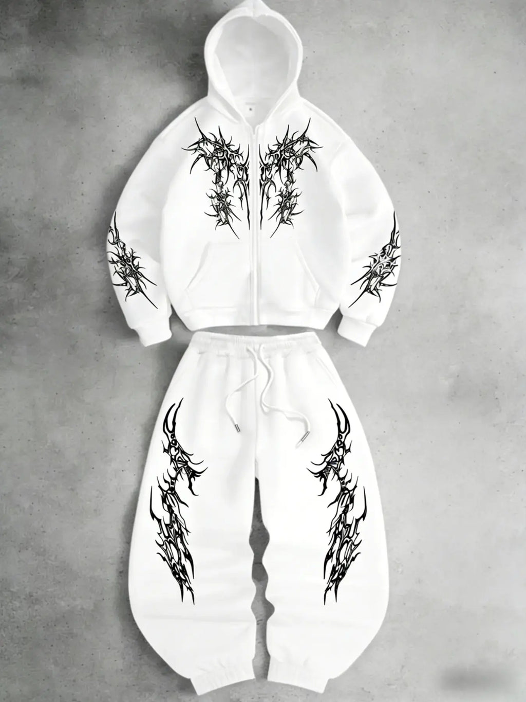 White Zip Hoodie and Joggers Set with Print