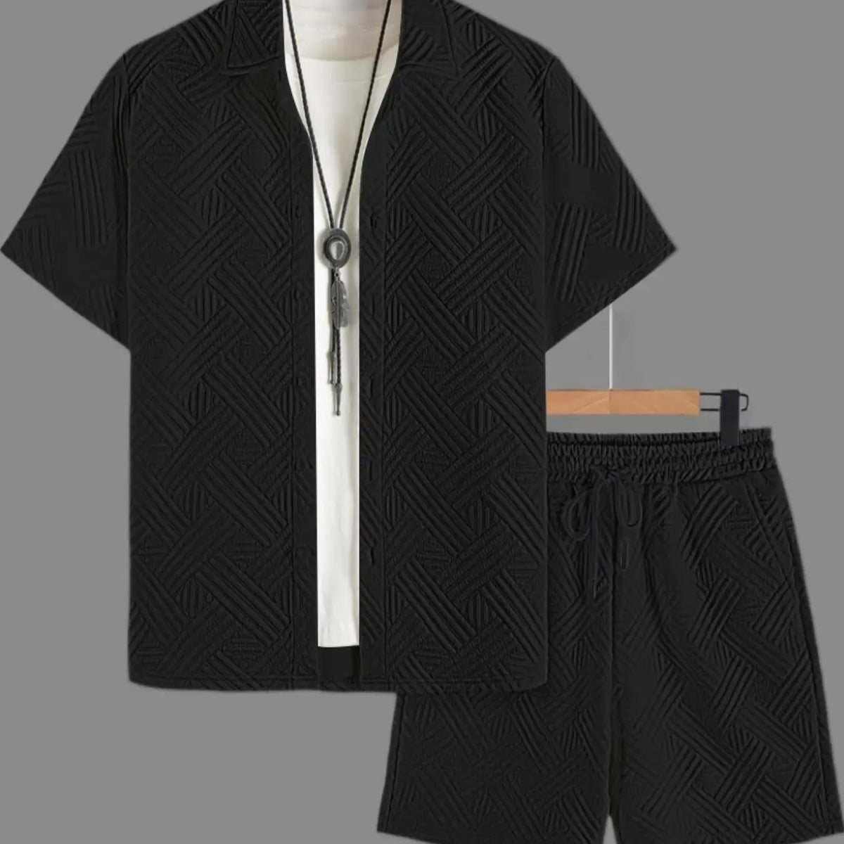 Men's Burgundy Textured Shirt and Shorts Set