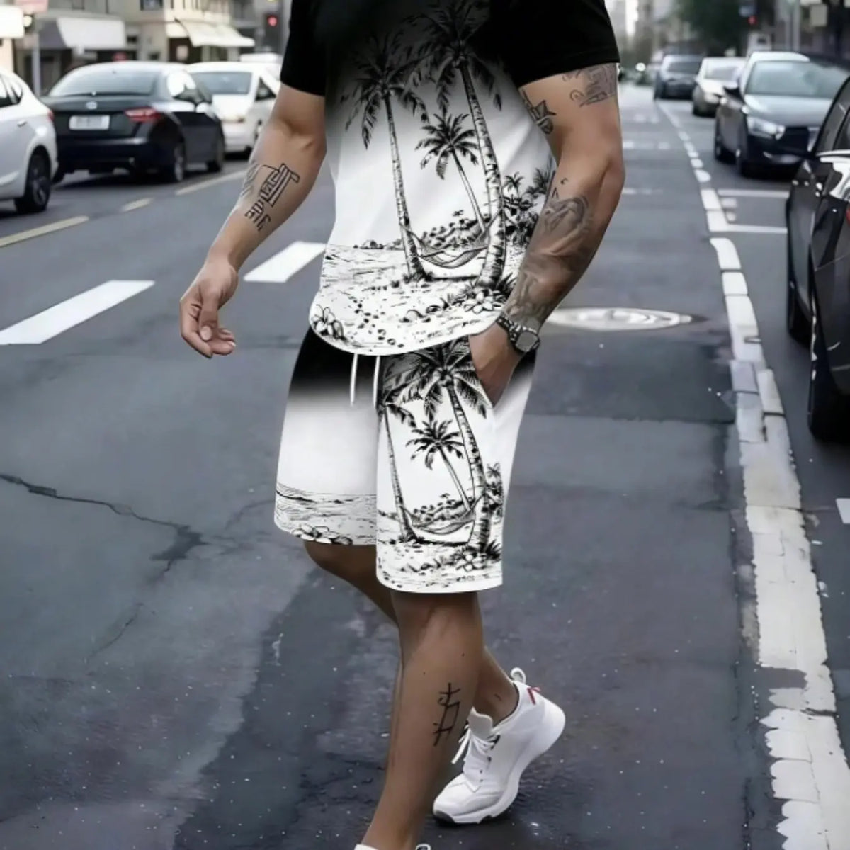 Men's Palm Tree Print T-Shirt and Shorts Set