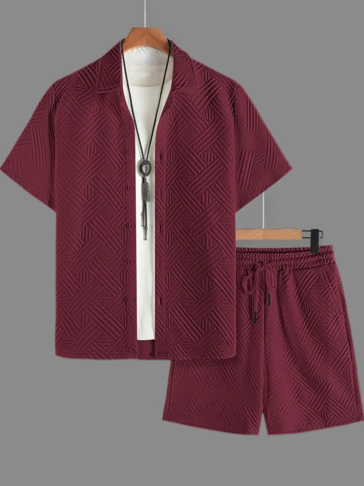 Men's Burgundy Textured Shirt and Shorts Set