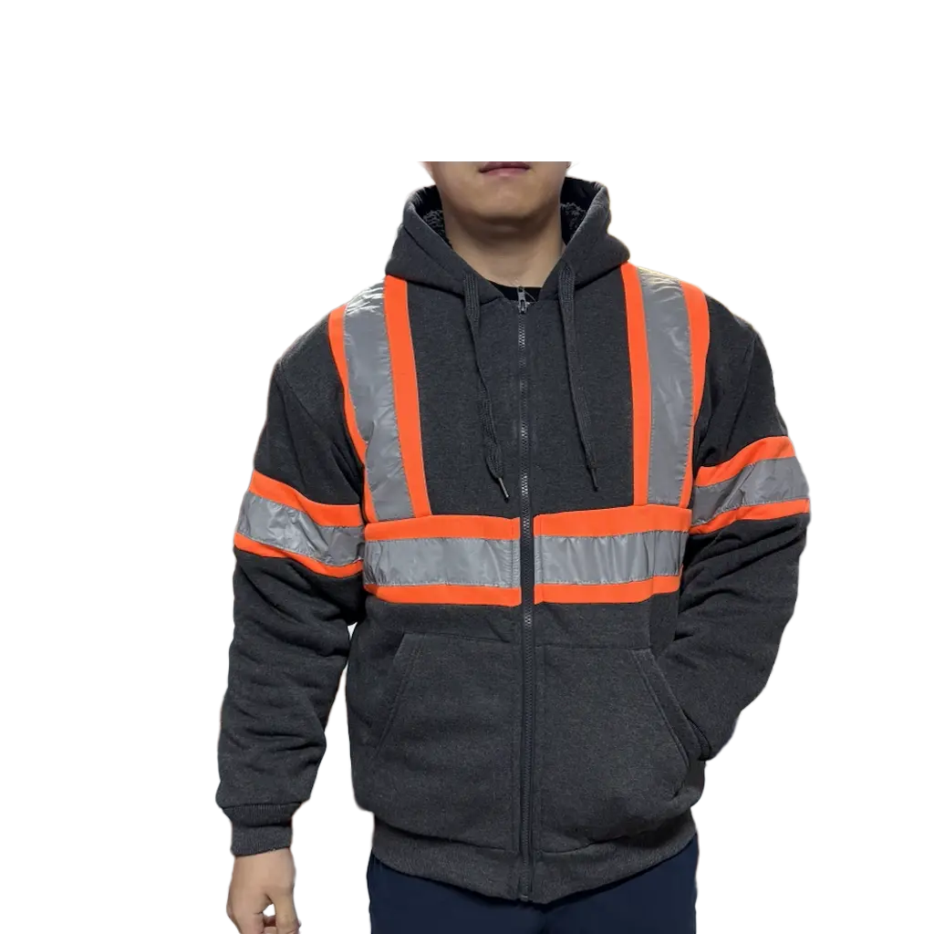 Grey Hooded Work Jacket with Reflective Stripes