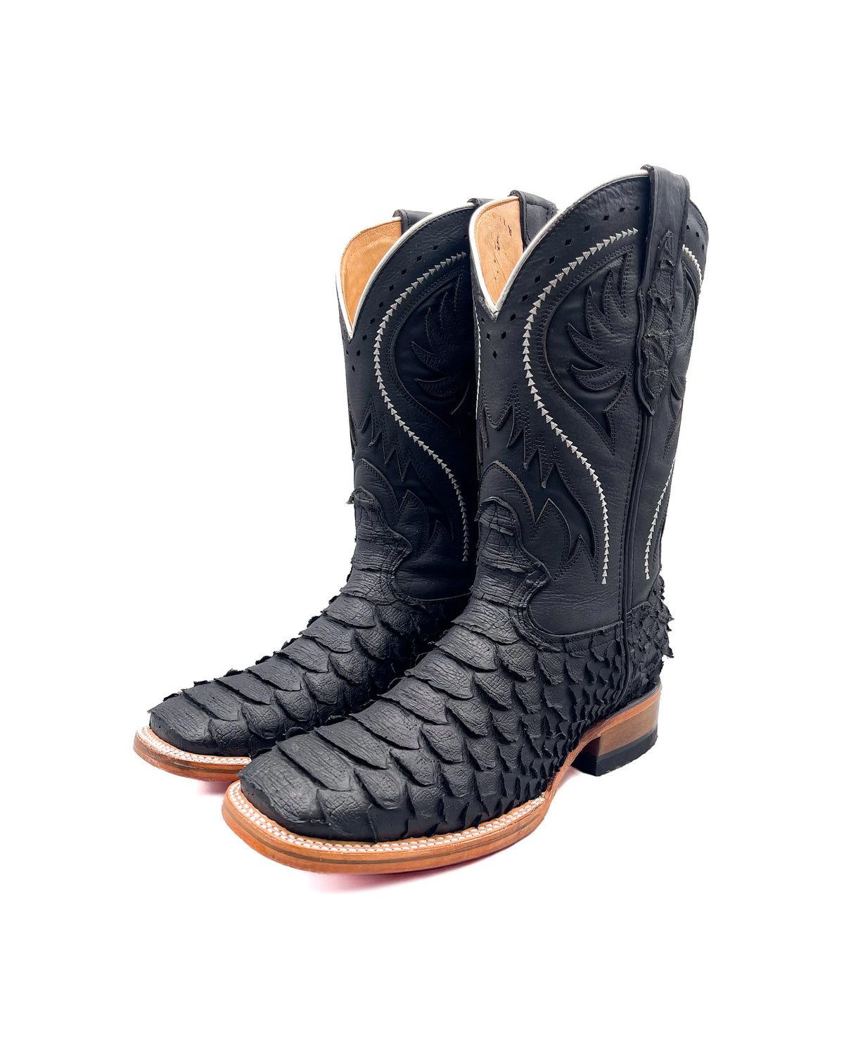 Matte Black Scaled Square-Toe Western Boots