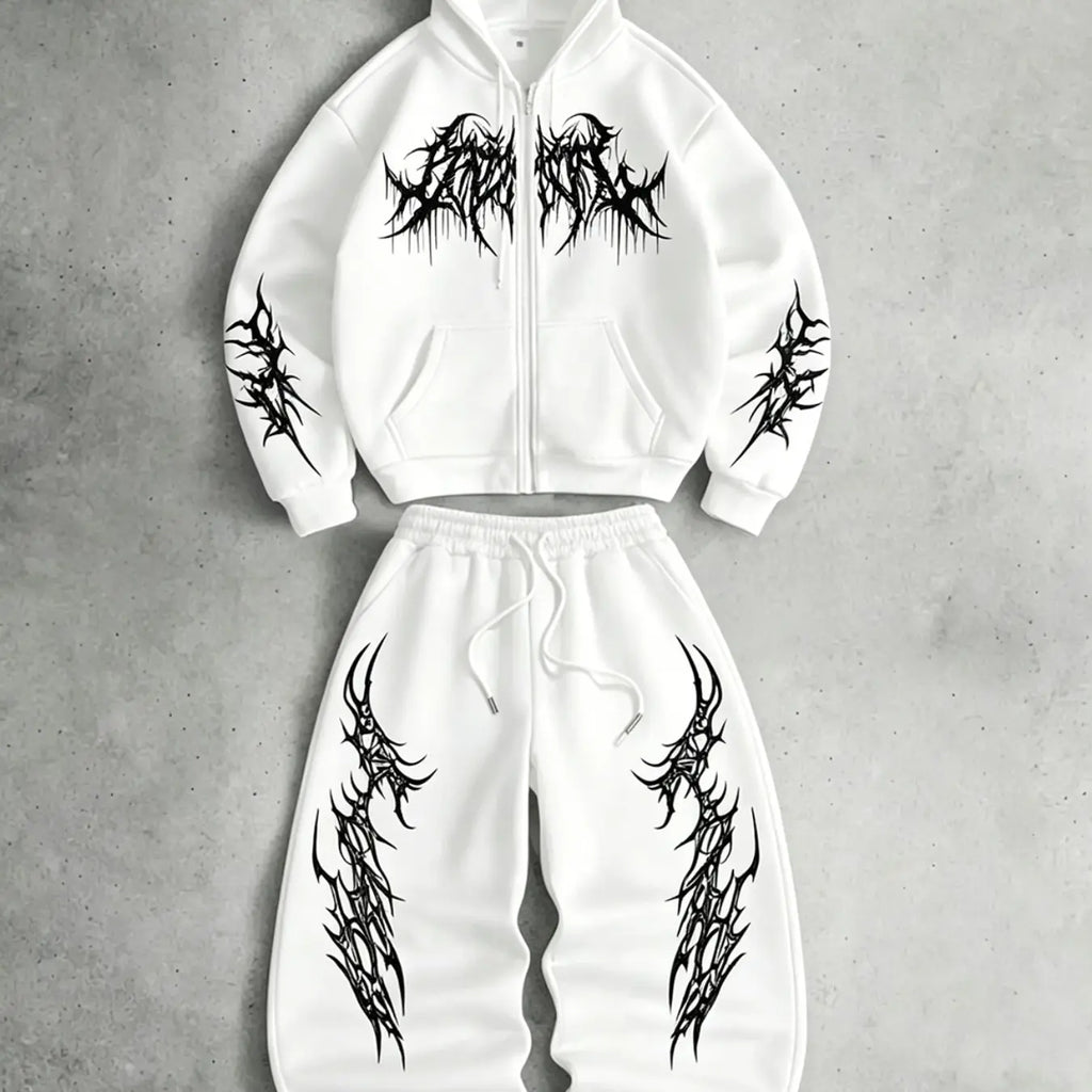 White Zip Hoodie and Joggers Set with Print